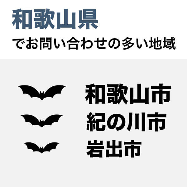 和歌山県でコウモリ駆除のお問合せが多い地域は、和歌山市、紀の川市、岩出市の順です。