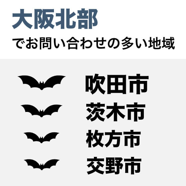 大阪北部でコウモリ駆除のご依頼が多い順は、吹田市、茨木市、枚方市、交野市です。